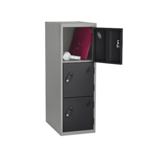 Three quarter and half height metal locker with open upper compartment holding headphones and a pink bag