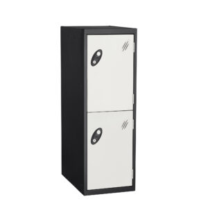 Black locker with one three quarter height door above one half height door in white with vents and locks