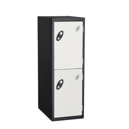 Black locker with one three quarter height door above one half height door in white with vents and locks