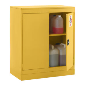 Yellow hazardous storage cupboard with one door open showing plastic chemical containers on two shelves