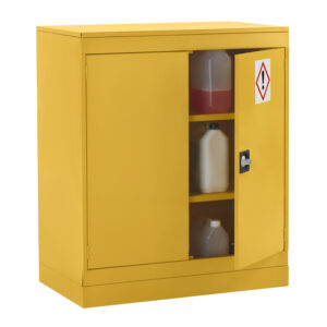 Yellow hazardous storage cupboard with one door open showing chemical containers on internal shelves