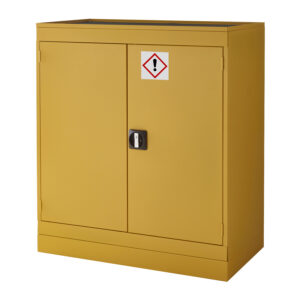Yellow metal hazardous storage cupboard with double doors lock and warning symbol