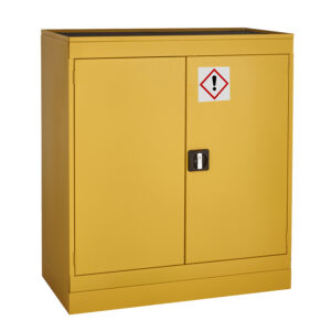 Yellow metal hazardous storage cupboard with double doors and warning symbol