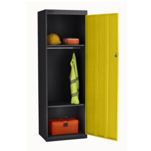 Open black hi capacity locker with yellow door containing hard hat hi vis vest bag and toolbox