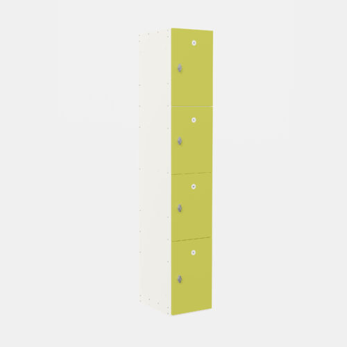 Tall white locker unit with four lime green doors and grey handles shown at an angle