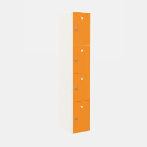 Tall white locker unit with four orange numbered doors and grey handles shown at an angle