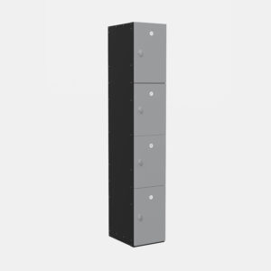 Tall black and grey locker unit with four numbered compartments and metal handles