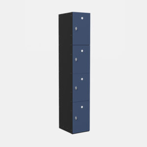Tall black locker unit with four blue numbered doors and grey handles