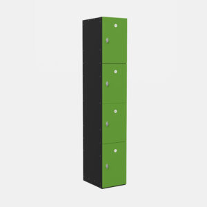 Tall black locker unit with four green compartment doors and silver handles