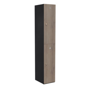 Tall black locker with oak effect doors and numbered compartments 3 and 4