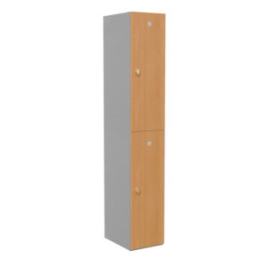 Tall two door locker with wood effect fronts and grey metal sides