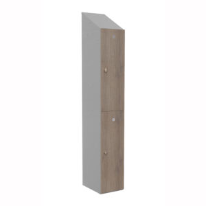 Tall locker unit with grey metal sides and oak effect timber doors with sloping top