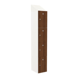 Tall white locker unit with four dark woodgrain doors and silver handles