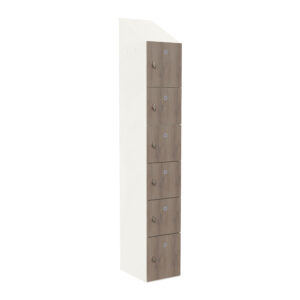 Tall timber locker unit with six numbered woodgrain doors and metal handles