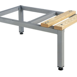 Grey metal bench stand with four legs and two wooden seat slats