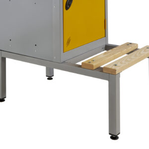 Grey metal locker stand with integrated wooden slatted seat and yellow locker door