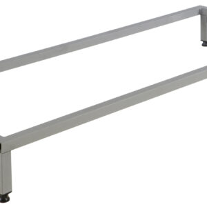 Grey rectangular metal stand frame with six legs and adjustable feet