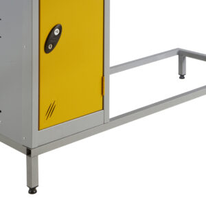 Grey metal locker stand with yellow door and rectangular seat frame extension