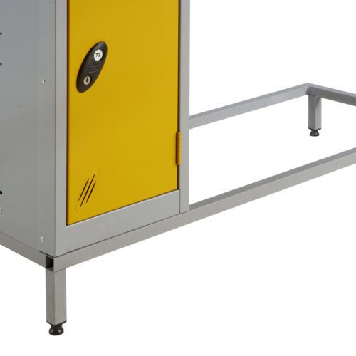 Grey metal locker stand with yellow door and rectangular seat frame extension