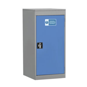 Blue and grey PPE storage cupboard with a single lockable door