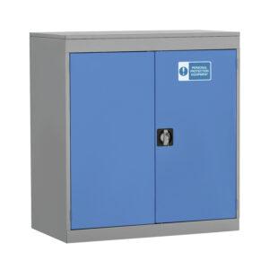 Grey metal cupboard with blue lockable double doors and personal protection equipment sign