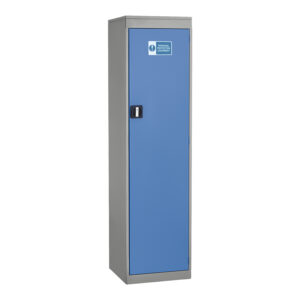 Tall grey steel cupboard with blue lockable door and personal protection equipment label