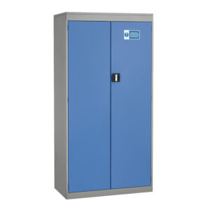 Grey steel cupboard with blue double doors and personal protection equipment sign