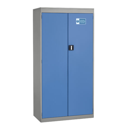 Grey steel cupboard with blue double doors and personal protection equipment sign