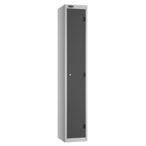 Tall grey Probe Shockbox Standard locker with single door and silver frame