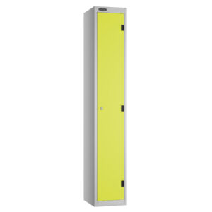 Tall grey locker with a lime green single door and black hinges