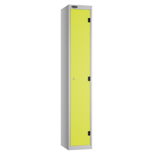 Tall grey locker with a lime green single door and black hinges