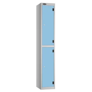 Tall aluminium locker with three light blue doors and black hinges
