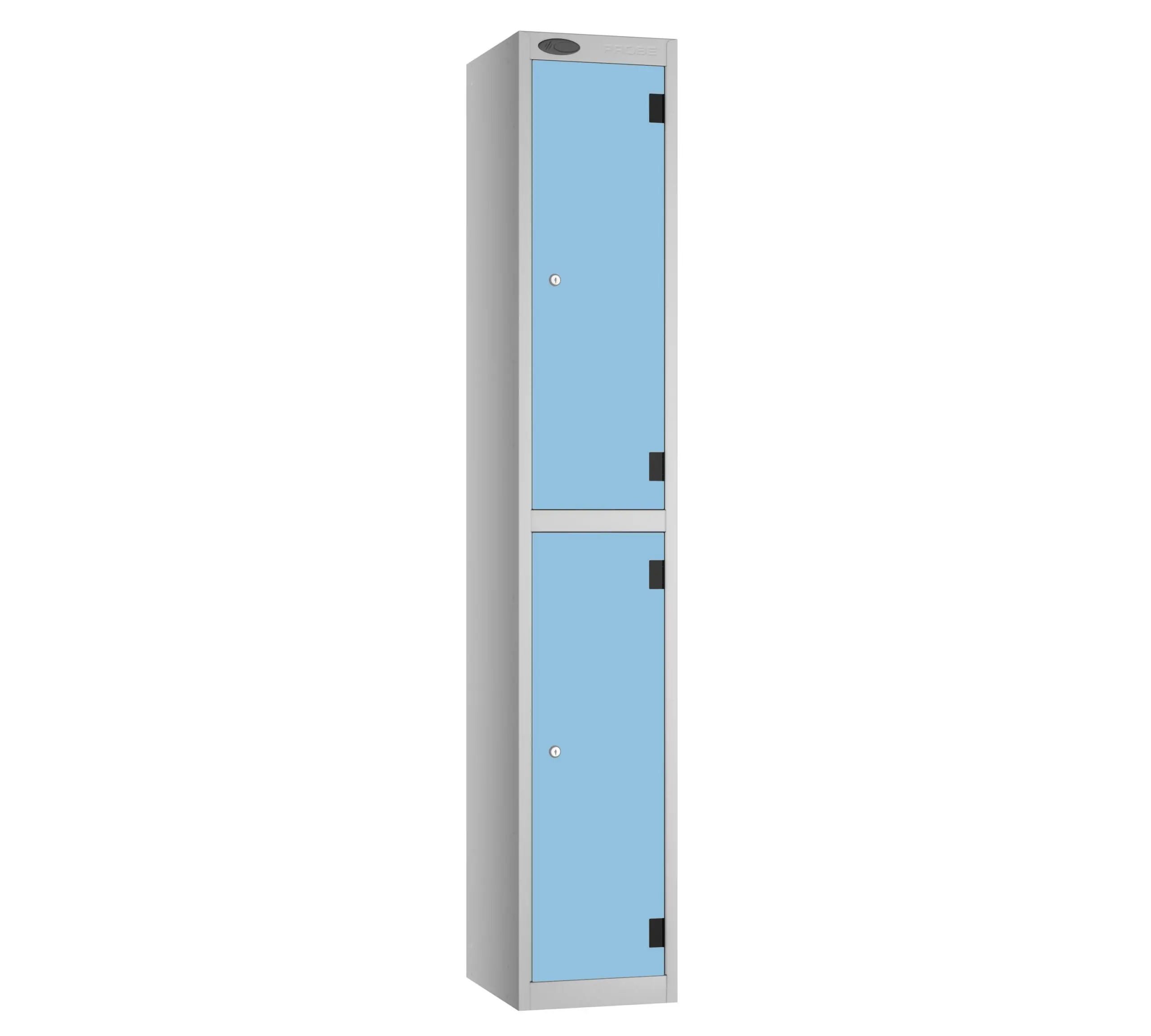 Tall aluminium locker with three light blue doors and black hinges