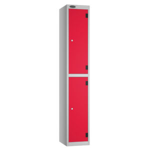 Tall grey locker with three red compartment doors and black hinges