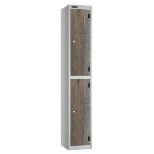 Tall aluminium locker with three wood effect doors and black hinges