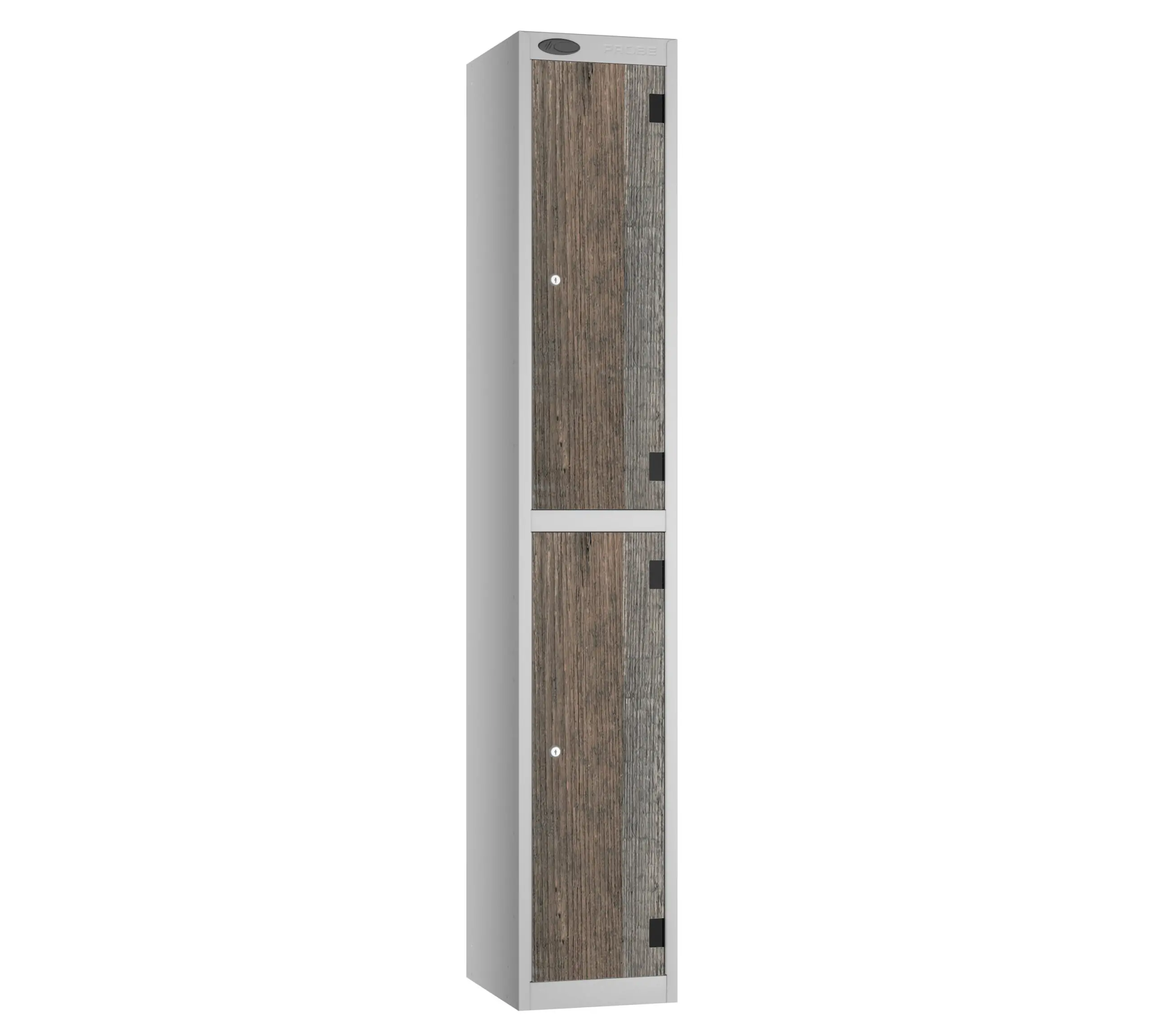 Tall aluminium locker with three wood effect doors and black hinges