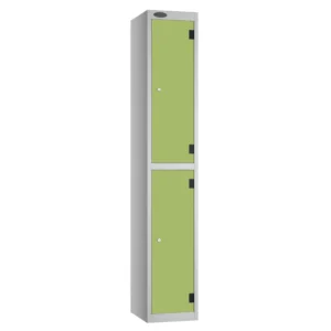 Tall aluminium locker with three light green doors and black hinges