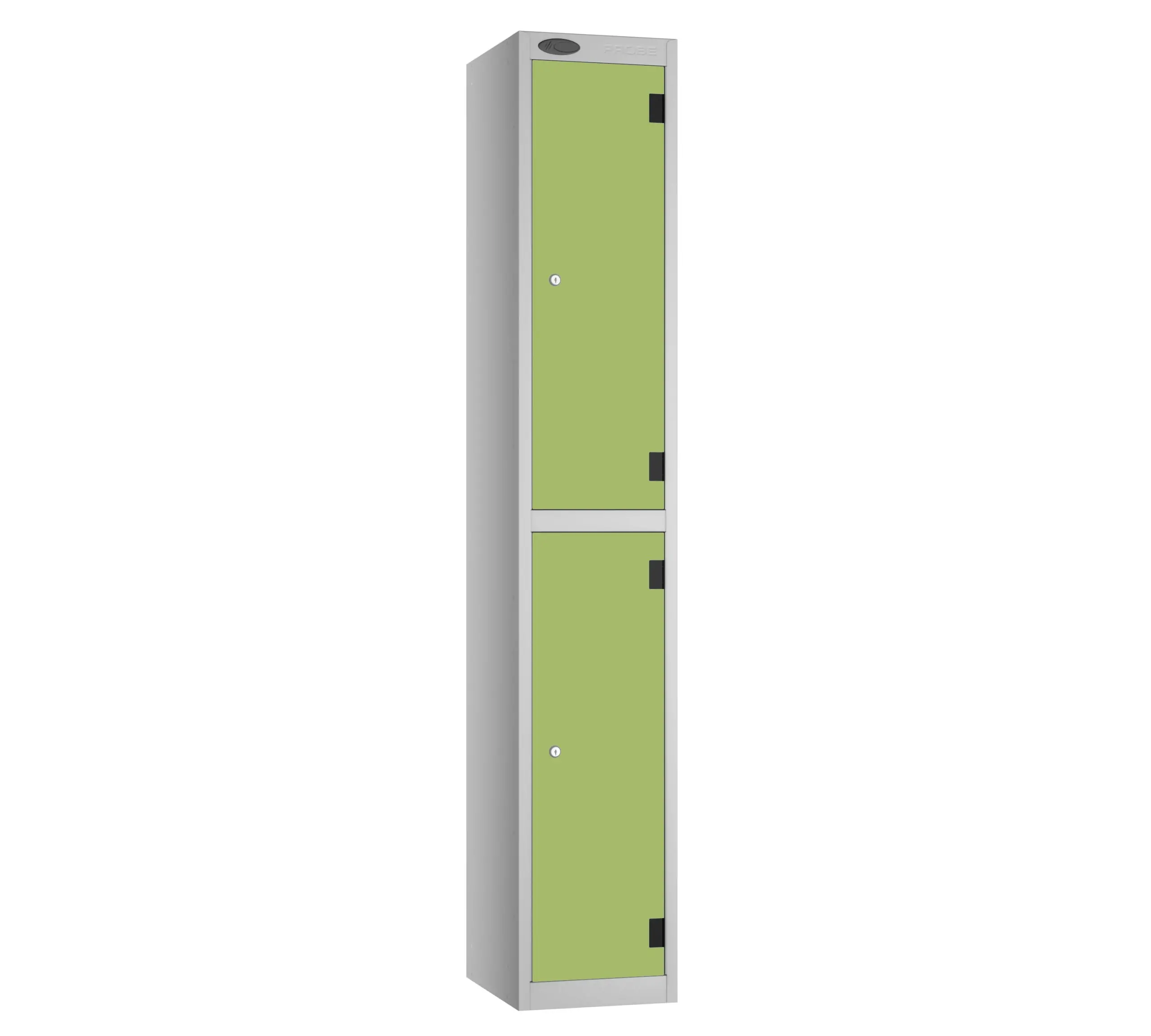Tall aluminium locker with three light green doors and black hinges