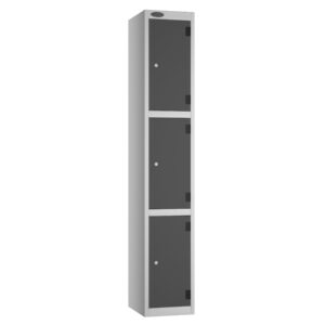 Tall grey steel locker with three stacked lockable compartments and silver frame