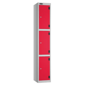 Tall grey locker unit with four red compartment doors and black hinges