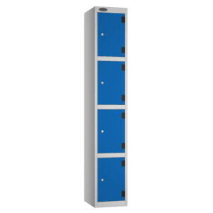 Tall grey locker unit with five blue doors and black hinges