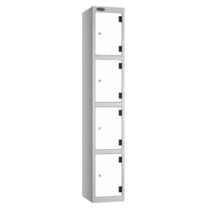 Tall grey locker unit with five white lockable doors and black hinges