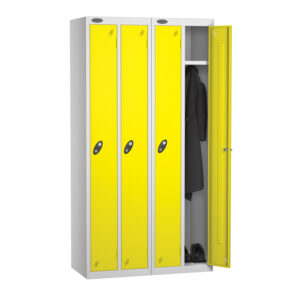 Four door workwear locker with yellow doors and one open compartment showing hanging coat and shoes