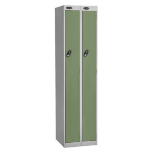 Two door workwear locker with green doors and silver frame