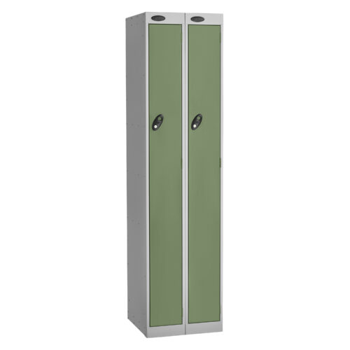 Two door workwear locker with green doors and silver frame