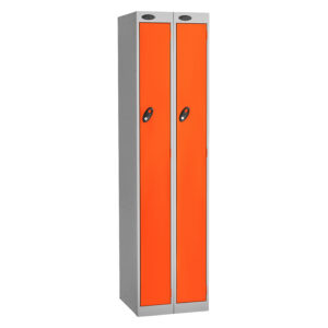 Two door workwear locker in grey with bright orange doors and black handles