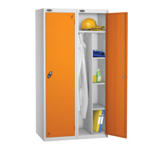 Orange and grey two door workwear locker with shelves hanging space and hard hat storage