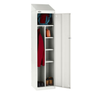 White workwear locker with open door shelves hanging space and shoe storage