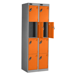 Grey charging locker with orange doors two compartments open showing interior charging space