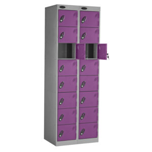 Grey electrical charging locker with purple doors and two open compartments showing keys